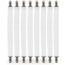 Presilhas elásticas ajustáveis para lençóis, em preto e branco, com clipes premium em aço inoxidável para maior segurança da roupa de cama.