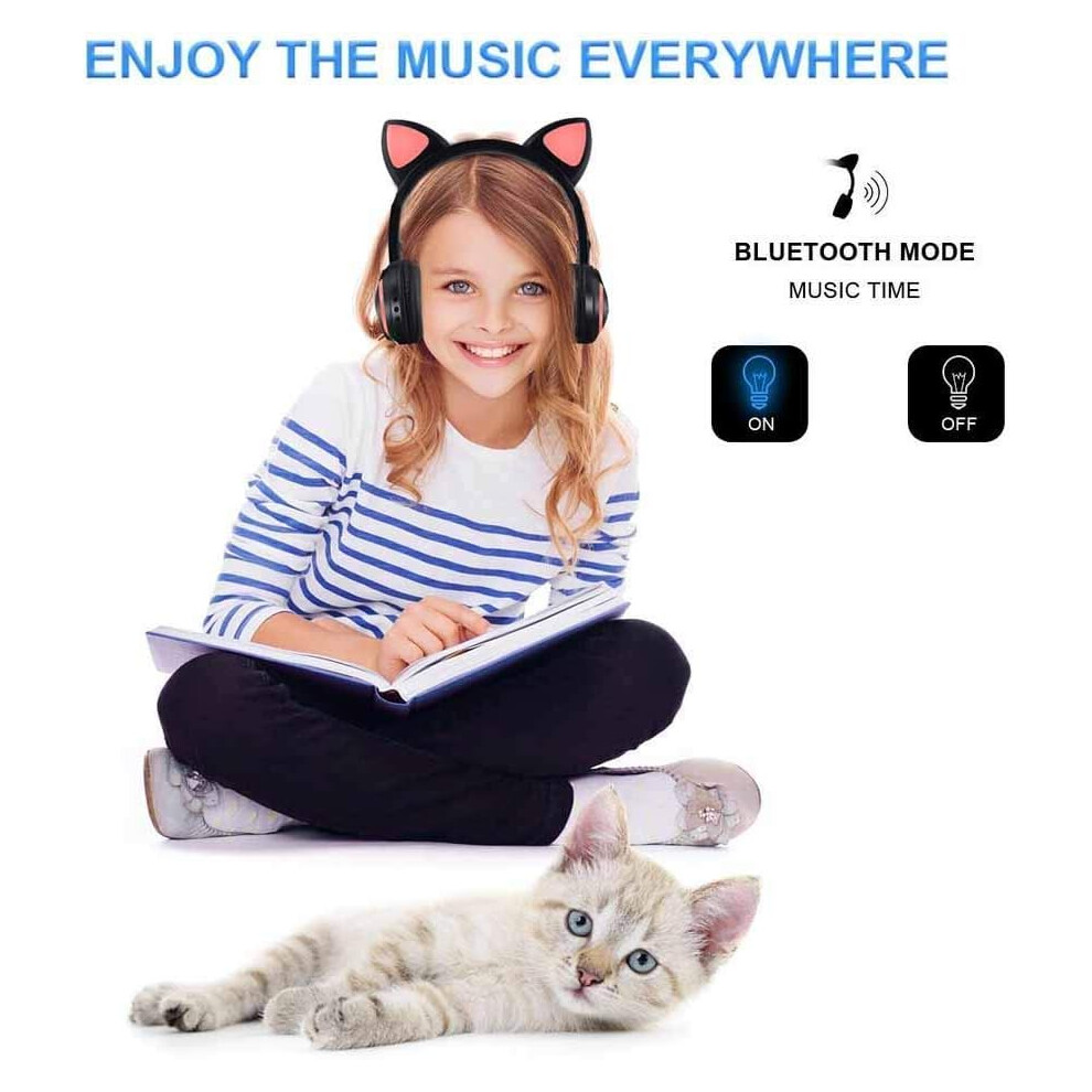 Adorable Cat Ear Headphones, Kids Bluetooth Headphones With Multicolor Led Lights, Adjustable & Safe Volume Limiting For School, Tablets & 9128293406659