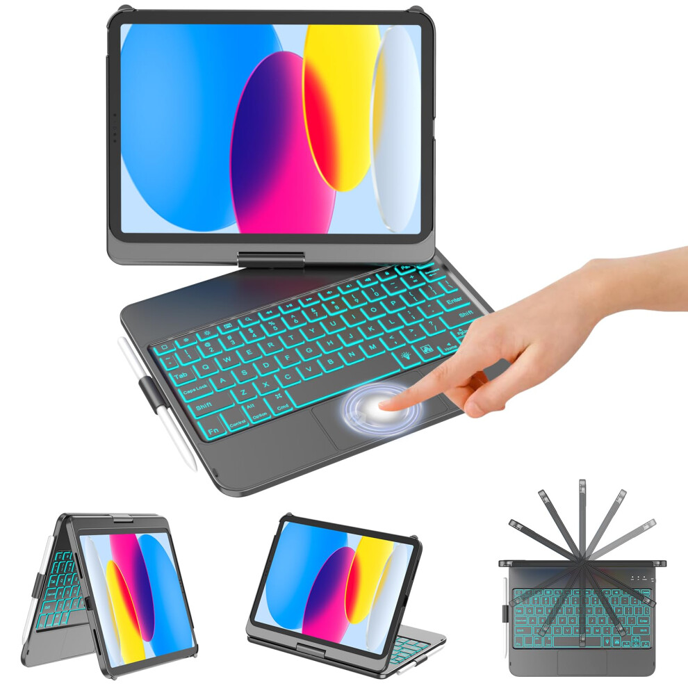 Keyboard Case With Trackpad For Ipad 10Th And 11Th Gen 360 Rotation 7Color Backlight Black 9189345088889