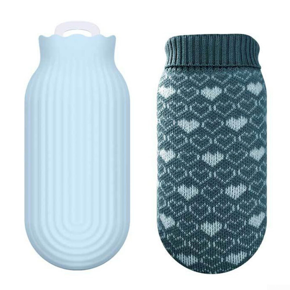 Silicone hot water bottle with knitted cover â microwave safe, leakproof, 550ml (blue)
