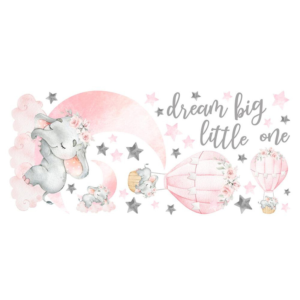 Cute Elephant Wall Decals For Kids Room, Dream Big Little One Stickers With Moon Hot Air Balloon Star Design Removable Vinyl Stickers For Nursery Bedr