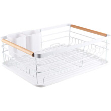 Scolapiatti ecologico, con moderno manico in legno e struttura in acciaio inox, portaposate regolabile per un drenaggio efficiente e un ingombro