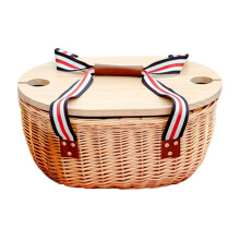 Wicker Picnic Basket with Insulated Cooler, Folding Table and Wine Holders for Outdoor Camping