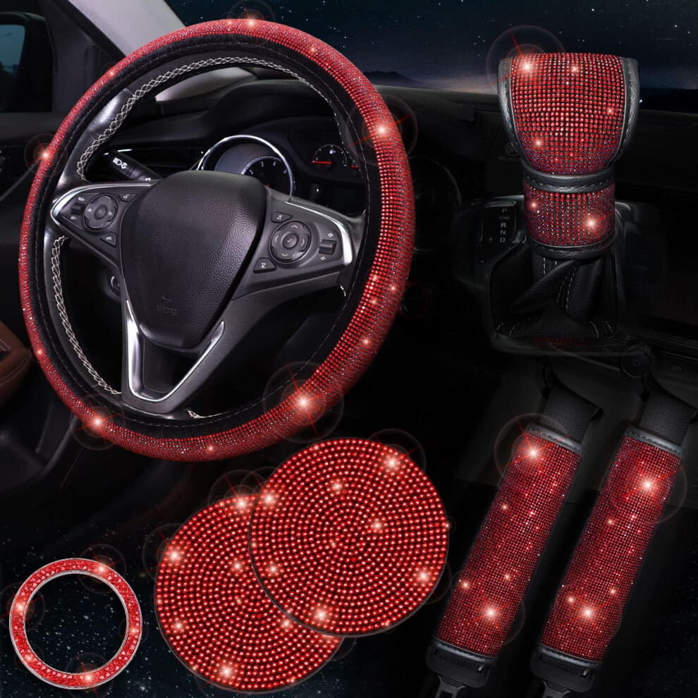 7Pcs Bling Car Accessories Set With Rhinestone Steering Wheel Cover For Women, Luxury Sparkly Interior Decor Red 9189345090516