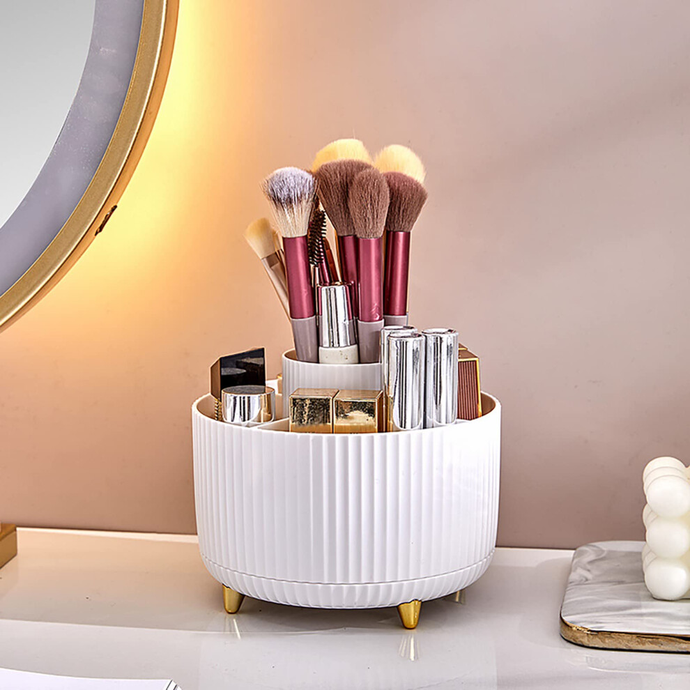 White Rotating Makeup Organizer 360 Degree Cosmetic Storage With 6 Compartments For Vanity Table