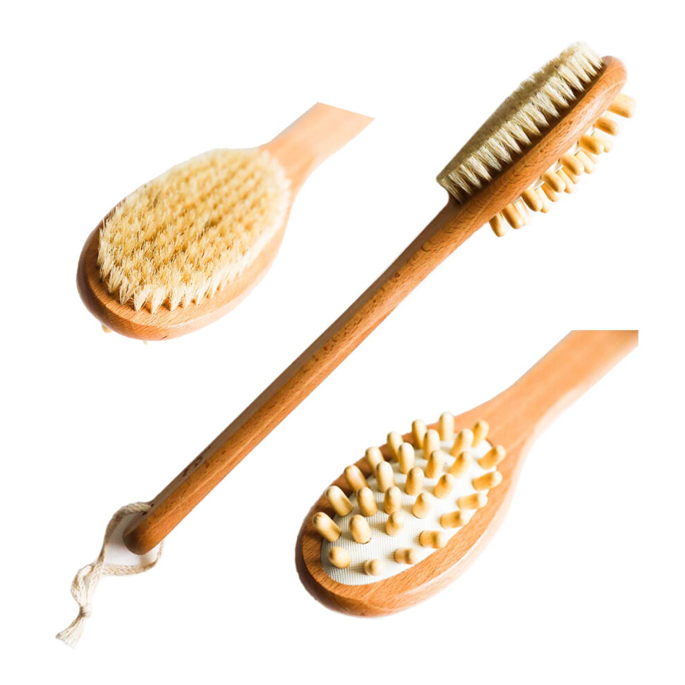 Exfoliating Brush for Lymphatic Drainage, Long Handled Shower Brush with Body Scrubber Function, Dry Brushing Tool with Natural Bristles for Wet or