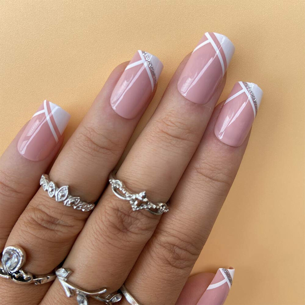 Short Square Design False Nails, Glitter Powder Embellished Acrylic Press On Nails Comfortable To Use For Various Occasions Including Proms Dating