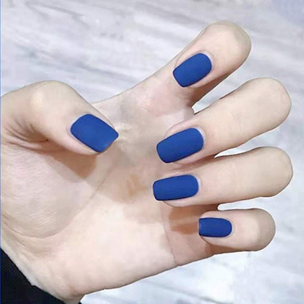 Blue Reusable Fake Nails Collection, Glossy Full Cover Press On Design In Deep 24Pcs Semi Cured Gel Nail Strips With Matte Effect, Artificial Nails
