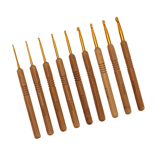 9Pcs Soft Grip Knitting Needle Crochet-Bamboo handle gold h