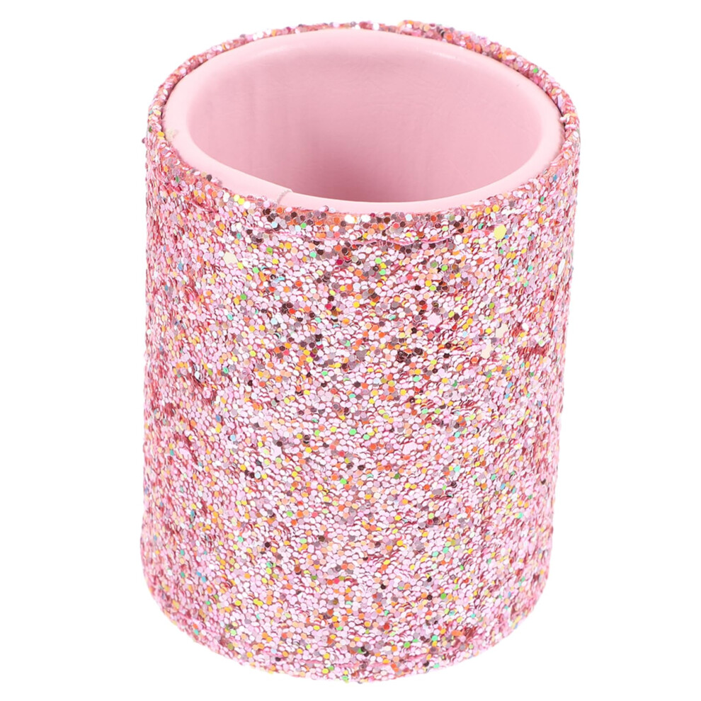 Pink Glitter Makeup Brush Holder with Lid, Compact Organizer Case for Travel and Vanity Storage