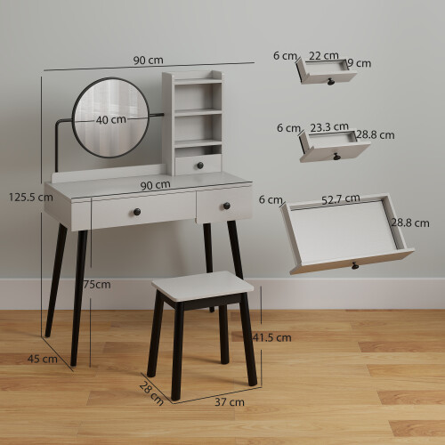 Homcom HOMCOM Dressing Table Set with 3 Drawers, Storage shelves and Stool, Grey 2