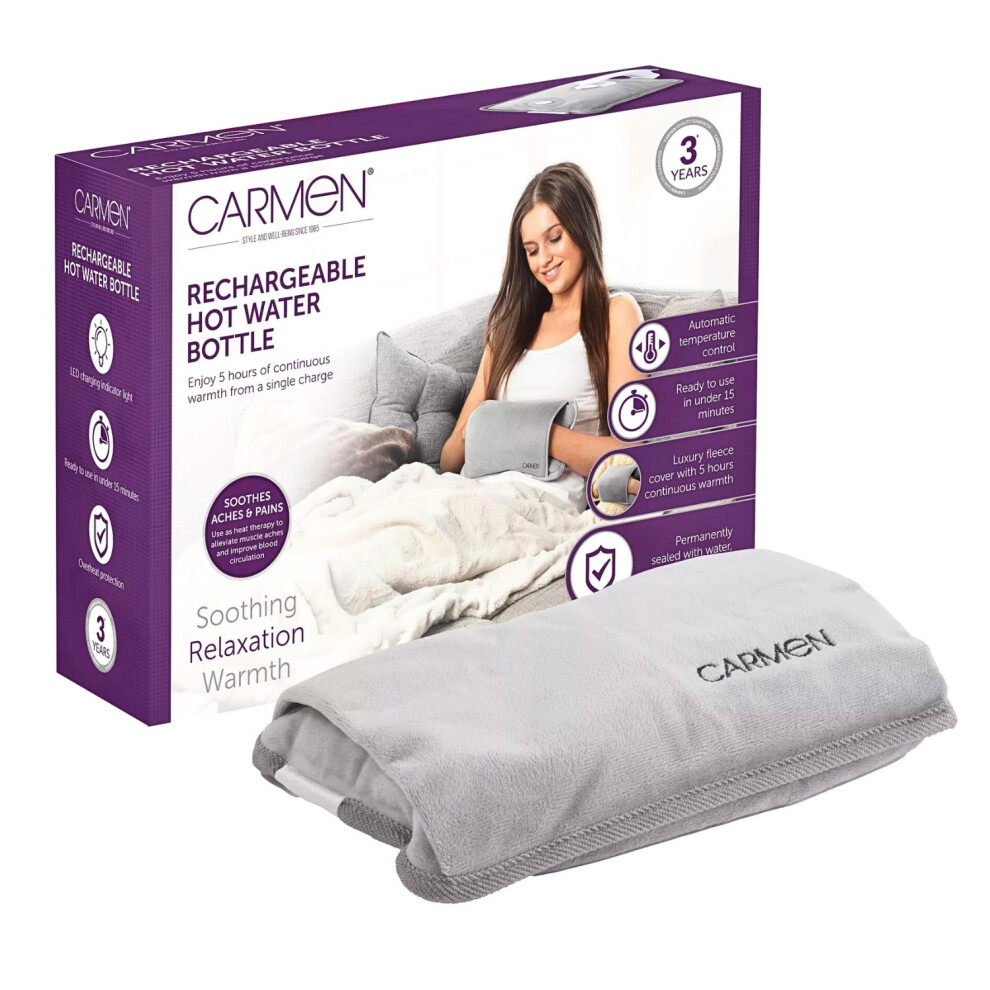 Carmen Grey C85043gry Rechargeable Hot Water Bottle, Soft Touch Fleece Cover, Hand Warmer, Automatic Temperature Control,