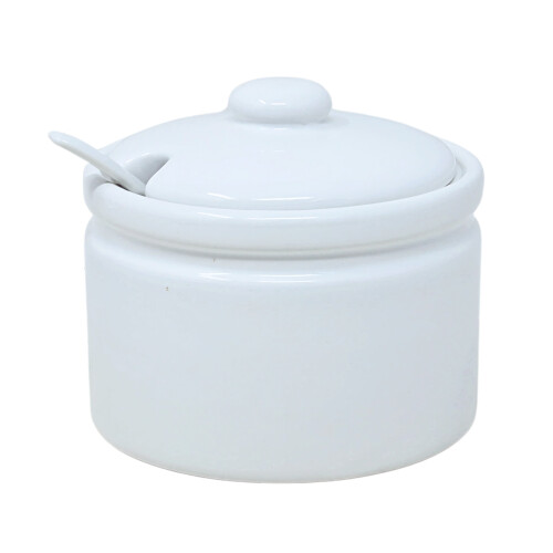 Jam Pot With Lid & Spoon Ceramic White Round 400ml Jam Sugar Sauces Condiments