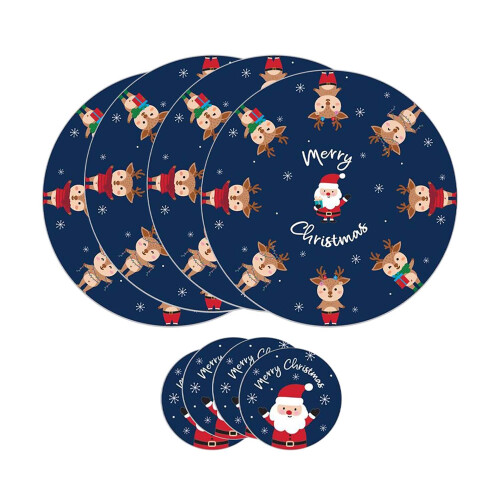 Round Christmas Placemats & Coasters Set 8Pcs MDF Cork Backing Table Protector