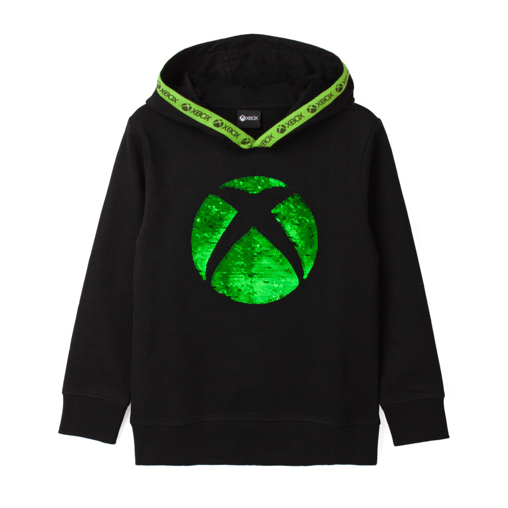 Xbox (13-14 Years) Hoodie For Boys & Girls | Kids Green Silver Game Flip Sequin Hooded Sweater | Childrens Gamers Jumper Clothing Merchandise Green,Silver