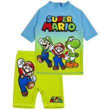 (7-8 Years) Super Mario Swimsuit For Boys | Blue Green Two Piece Top & Shorts Bathing Suit | Kids Gamer UV50+ Sun Safe Swimming Costume