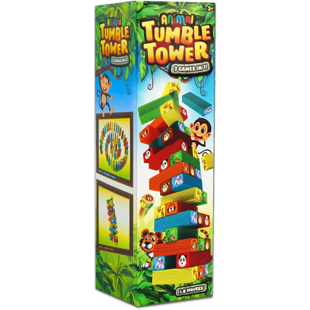 Games Hub Wooden 3 In 1 Animal Block Stacking Tumble Tower Jenga Toy Play Game