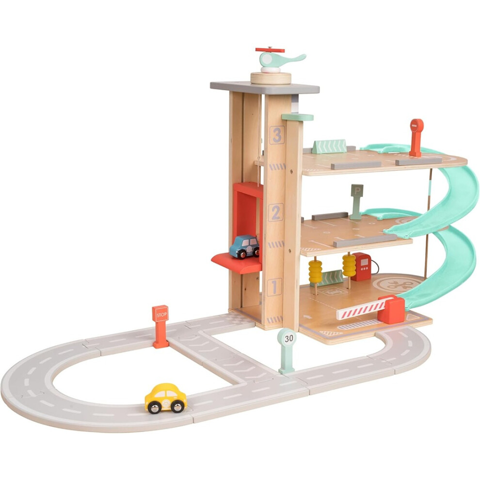 Owl & Fox Of209 Traditional Wooden, Three Tier Garage With Ramps, Petrol Pump, Wash, Parking Barrier, Cars, Helicopter And Accessories, Interactive Imaginative