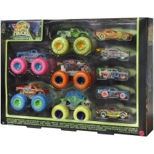 Hot Wheels Monster Trucks Glow in the Dark Bundle - Includes 5 Monster Trucks and 5 1:64 Scale Cars - Collectible - Gift for Kids 4+ - HCB57