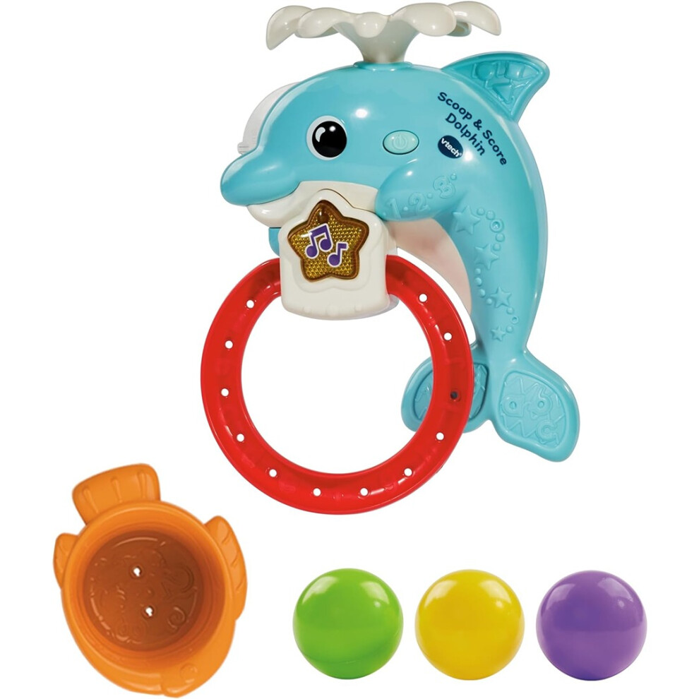 Vtech Scoop & Score Dolphin, Interactive Bath Toy For 1 Year Olds, Bath Toy With Hoop & Balls, Lights & Music, Bath Time Gift