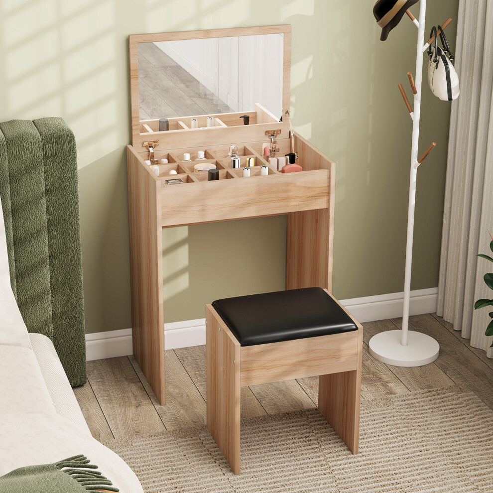 HOMCOM Dressing Table Set Cushioned Stool Flip-up Mirror Chipboard - Wood Grain