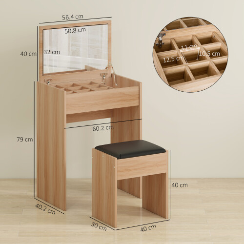 Homcom HOMCOM Dressing Table Set Cushioned Stool Flip-up Mirror Chipboard - Wood Grain 2