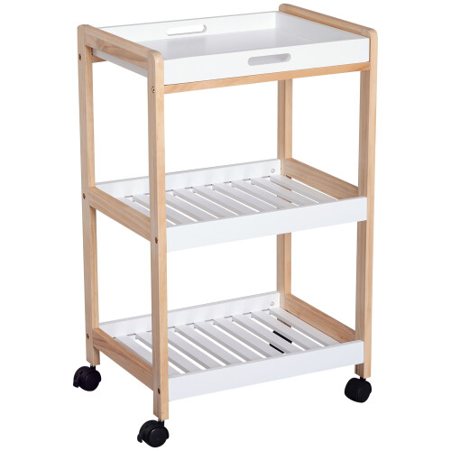 Homcom HOMCOM Mobile Serving Trolley Kitchen Cart Pine Wood Rolling Wheels White 1