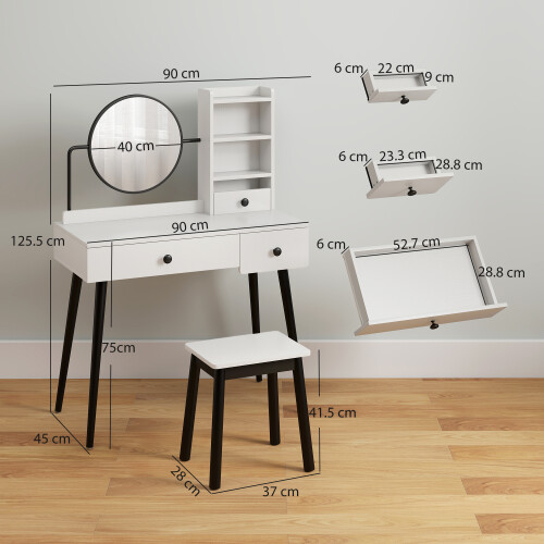 Homcom HOMCOM Dressing Table Set with 3 Drawers, Storage shelves and Stool, White 2