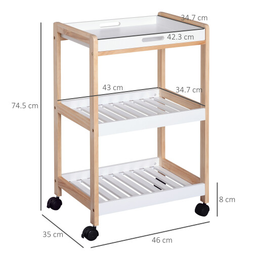 Homcom HOMCOM Mobile Serving Trolley Kitchen Cart Pine Wood Rolling Wheels White 2