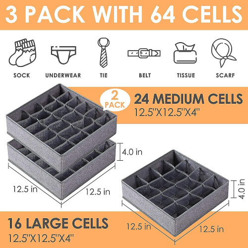 Sock Organizer, Drawer Organizers Collapsible Closet Organizer Storage Boxes for Efficient Organization (Fabric Foldable, 3 Pack) 1