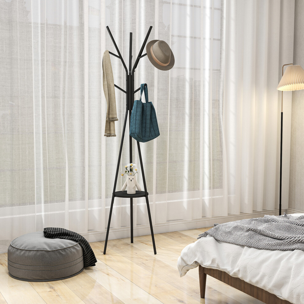 HOMCOM 180cm Free Standing Coat Rack Metal Shelf Holder Stand Hat Hanger Black