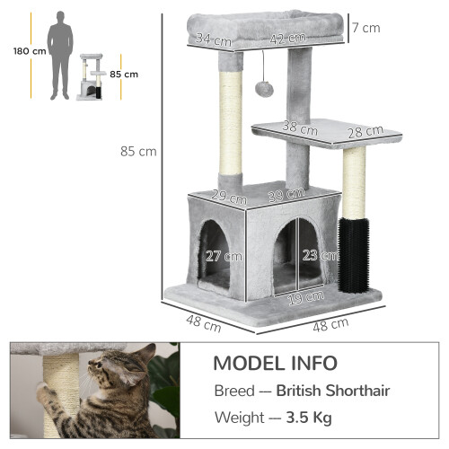 PawHut PawHut Cat Tree with Scratch Post Condo Perch for Indoor Cats, 85cm, Grey 2