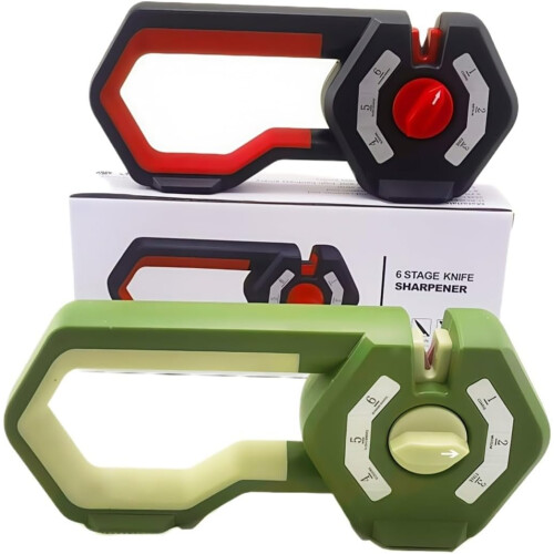 Green handheld kitchen sharpener with 6 slots and nonslip mat for improved stability during use. 1