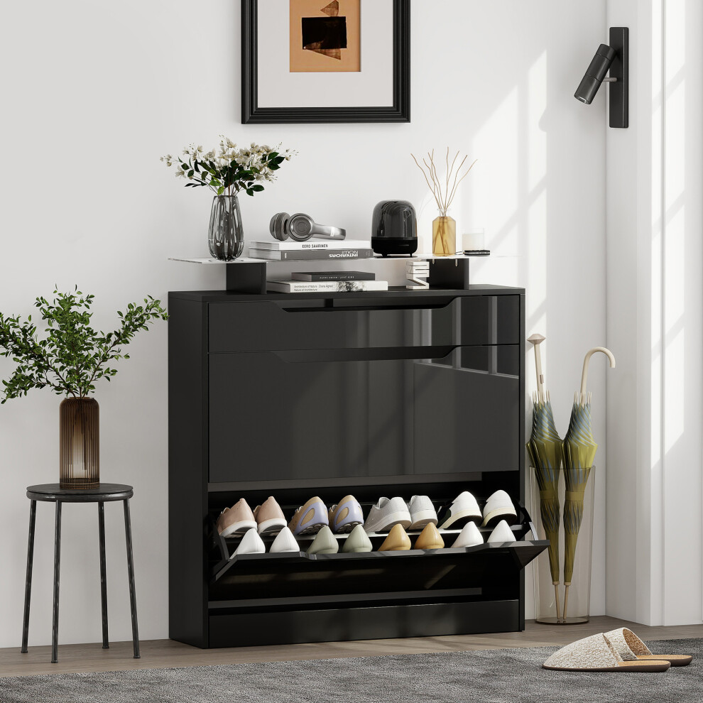 Bobobiy Black Shoe Storage Cabinet With Slide Out Drawer, 2 Flip Doors, Tempered Glass Top - Image 4