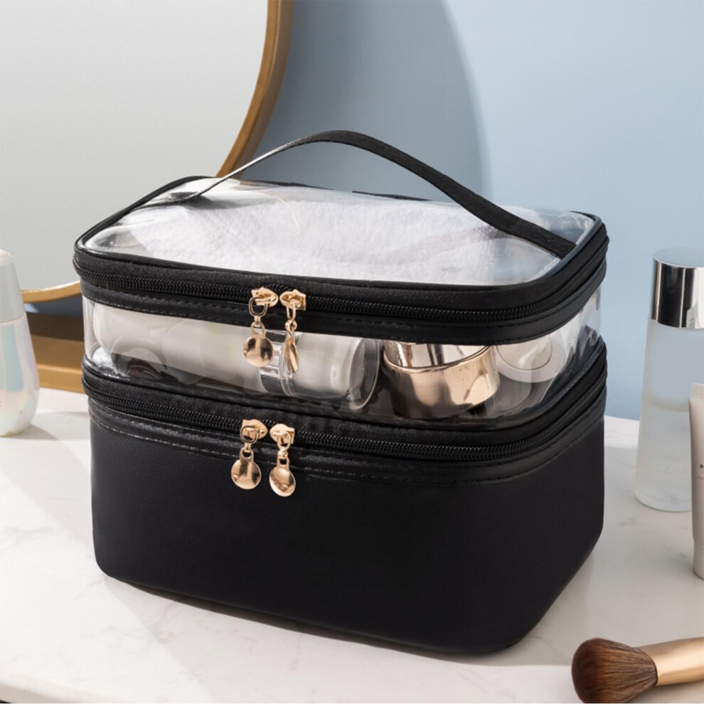 Black Double Layer Water-Resistant Makeup Bag 23X7x16cm With Smooth Zippers