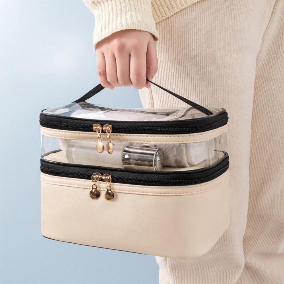 Beige Double Layer Waterproof Makeup Bag, 23X7x16cm