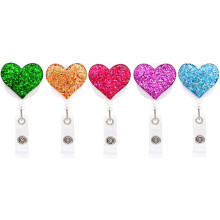 Porta credenciales retráctil glamuroso, porta credenciales con forma de corazón brillante con clip para tarjeta de identificación para mujeres,