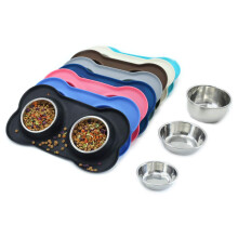 Soluções para alimentação de animais de estimação, tapete dobrável de silicone, tigelas duplas de aço inoxidável, tapete antiderrapante à