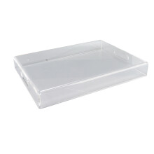 Plateau de service décoratif en acrylique transparent avec poignées, accessoire de cuisine et coiffeuse moderne et élégant.