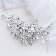 Adorno para el cabello de novia con diamantes de imitación, peineta de perlas con flor plateada en forma de hoja, delicada joyería nupcial para