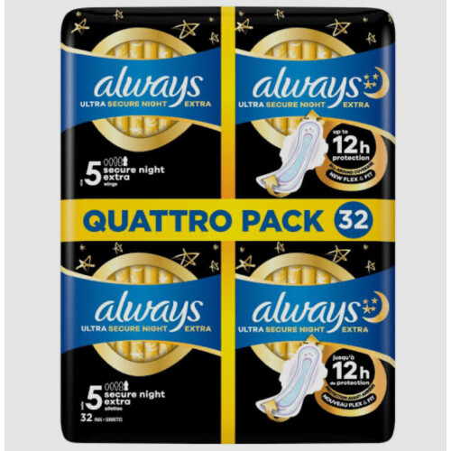 Always Always Ultra Secure Night Pads Size 5 Extra Wings 32 Pack