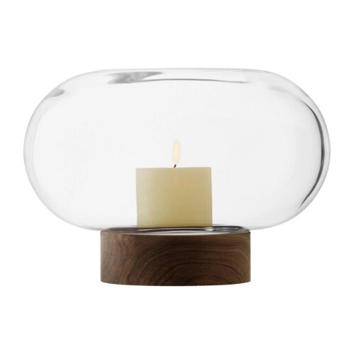 LSA International LSA Oblate Glass Vase Lantern 19.5cm with Walnut Base Clear 2