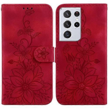 Red Leather Embossed Lily Case for Samsung Galaxy S21 Ultra 5G