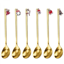 Christmas Spoon Set, 6 Gold Stainless Steel Spoons with Decorations for Party Dinners & Table Decor