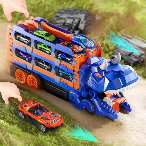 Camion dinosauri blu con 12 giocattoli auto per ragazzi 2