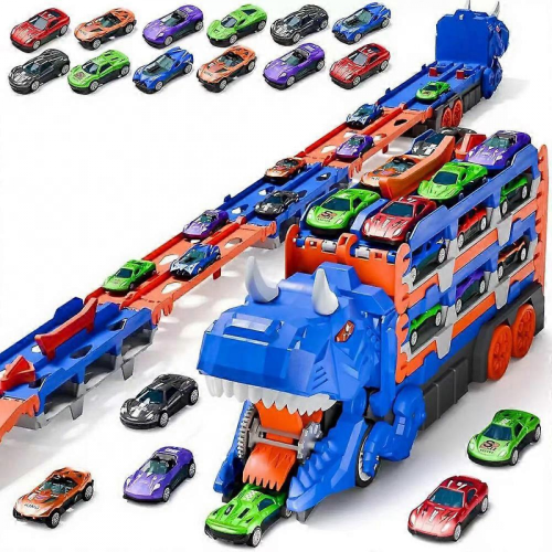 Camion dinosauri blu con 12 giocattoli auto per ragazzi