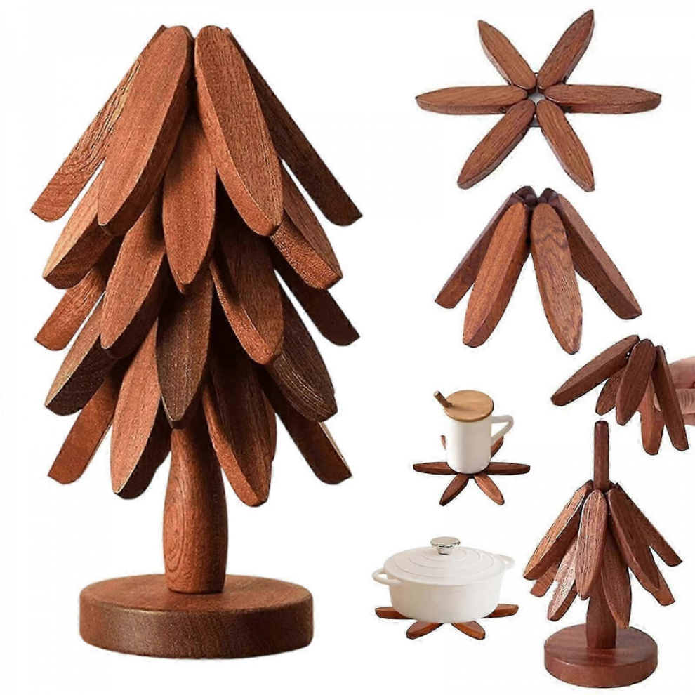 Foldable Walnut Wood Trivet Set With Storage Stand, Heat Resistant Coasters For Hot Pots Bowls Teapots 25-26 7057162691631