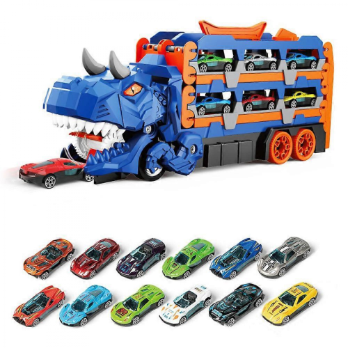 Camion dinosauri blu con 12 giocattoli auto per ragazzi 1