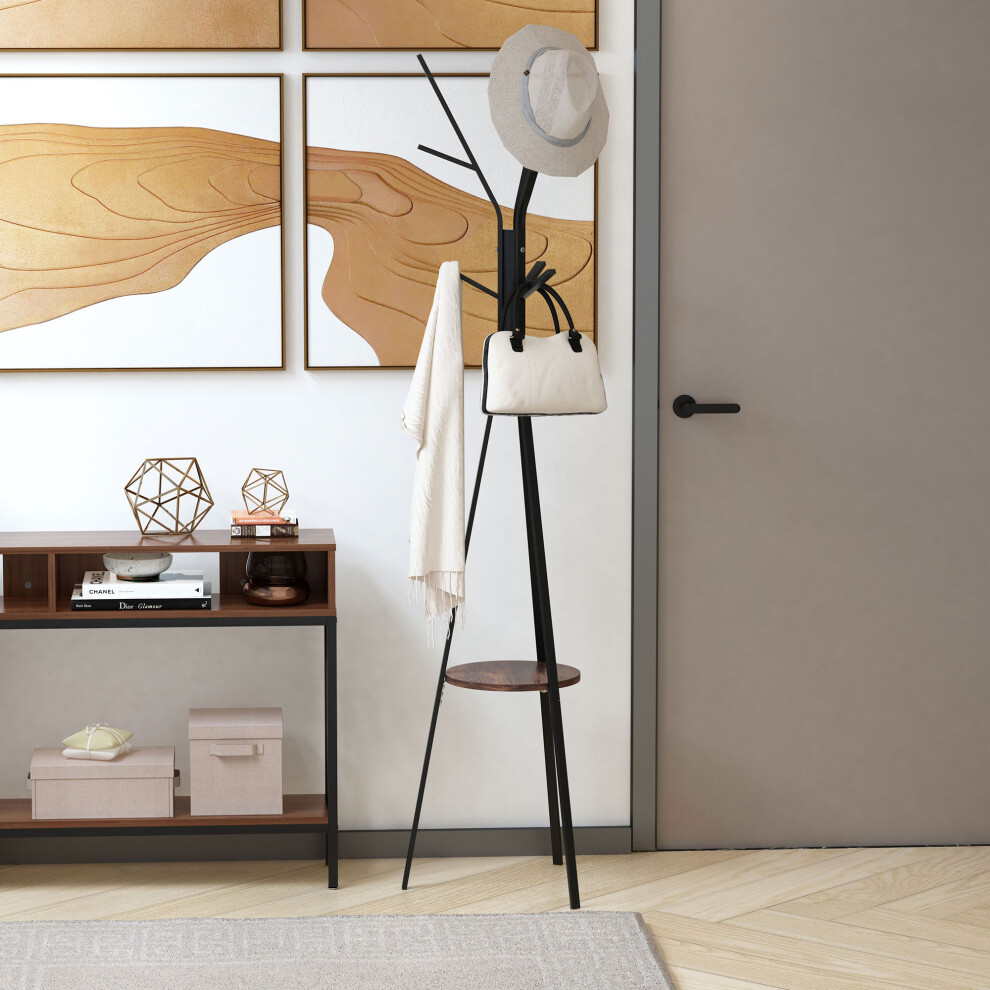Homcom 180Cm Free Standing Coat Rack Metal Shelf Holder Stand Hat Hanger Brown