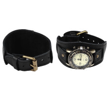 Vintage-Quarzuhr für Damen und Herren, schwarzes PU-Lederarmband, verstellbar, passgenau